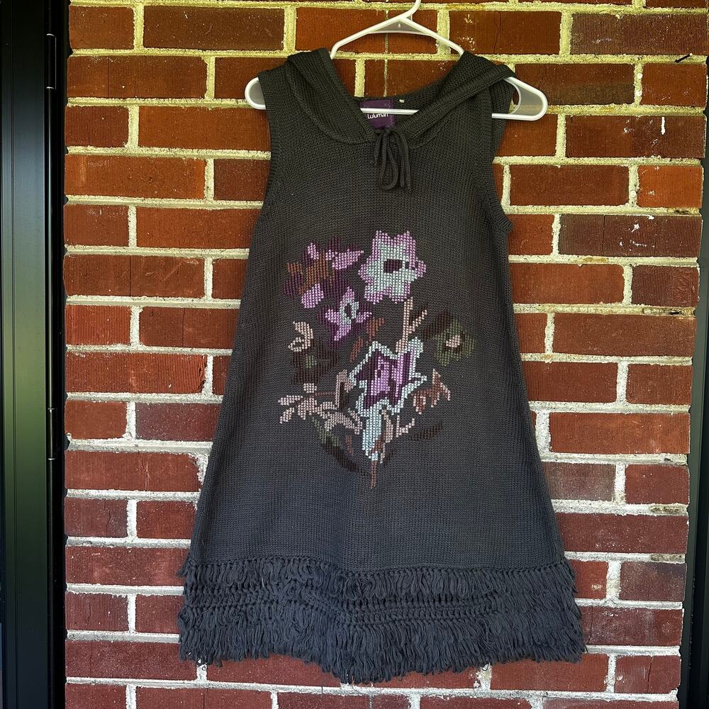 Lulumari Hooded Knit Sweater Dress Floral Fringe Boho Brown M/L